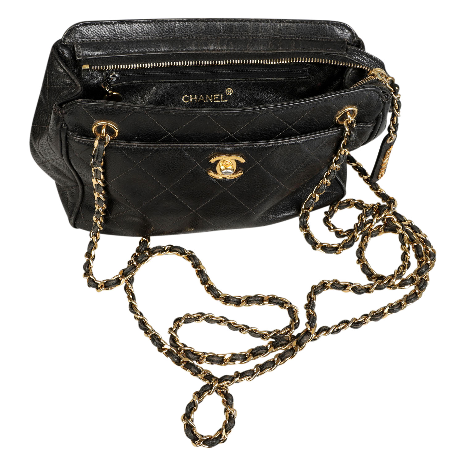 CHANEL VINTAGE Handtasche.In Rauten gestepptes Kaviar-Leder mit goldfarbener Hardware, Außenfach auf - Image 8 of 9
