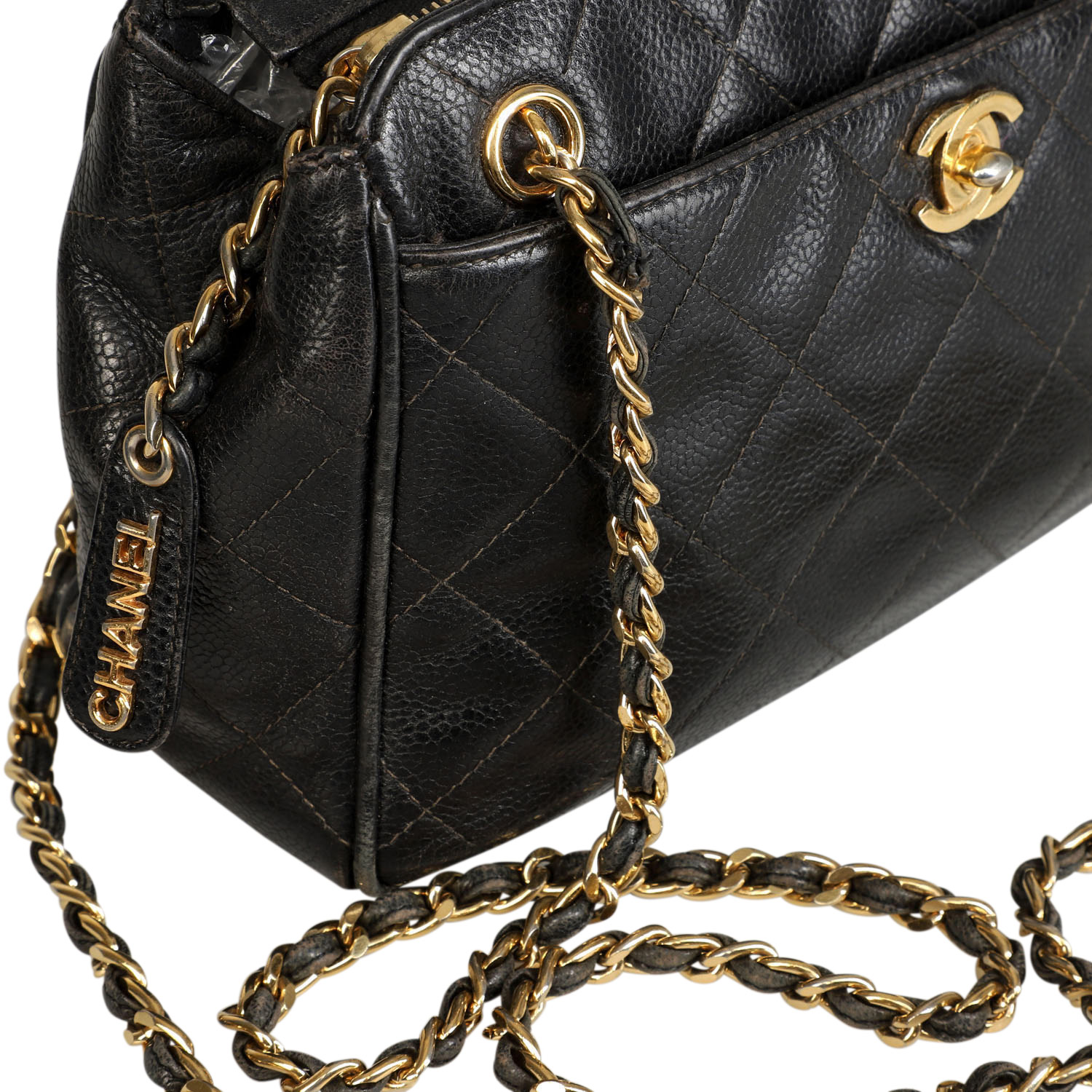CHANEL VINTAGE Handtasche.In Rauten gestepptes Kaviar-Leder mit goldfarbener Hardware, Außenfach auf - Image 7 of 9