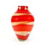 Large mid Century clear cased glass vase with red and swirl design, apparently unmarked, 44 cm .