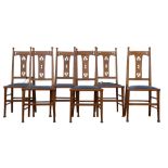 Arts & Crafts, set of chairs and dining table, chairs with decorative cut work backs, square section