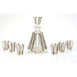 Bohemian glass Art Deco decanter set, in the style of Karl Palda, with six faceted glasses, linear