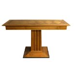 David Linley parquetry centre pillar table on fluted centre column and platform base and having a