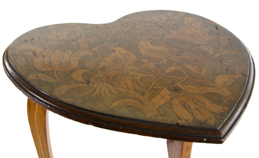 Early 20th C heart top occasional table with pen work decoration of two birds amongst foliage, . - Image 2 of 3