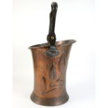 Arts and crafts coal bucket, tin with copper finish and iron handle, 80 cm .