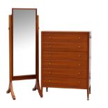 A mid 20th C Heals tall chest in teak with six drawers, labelled, 118 x 84 cm, and a robing mirror .