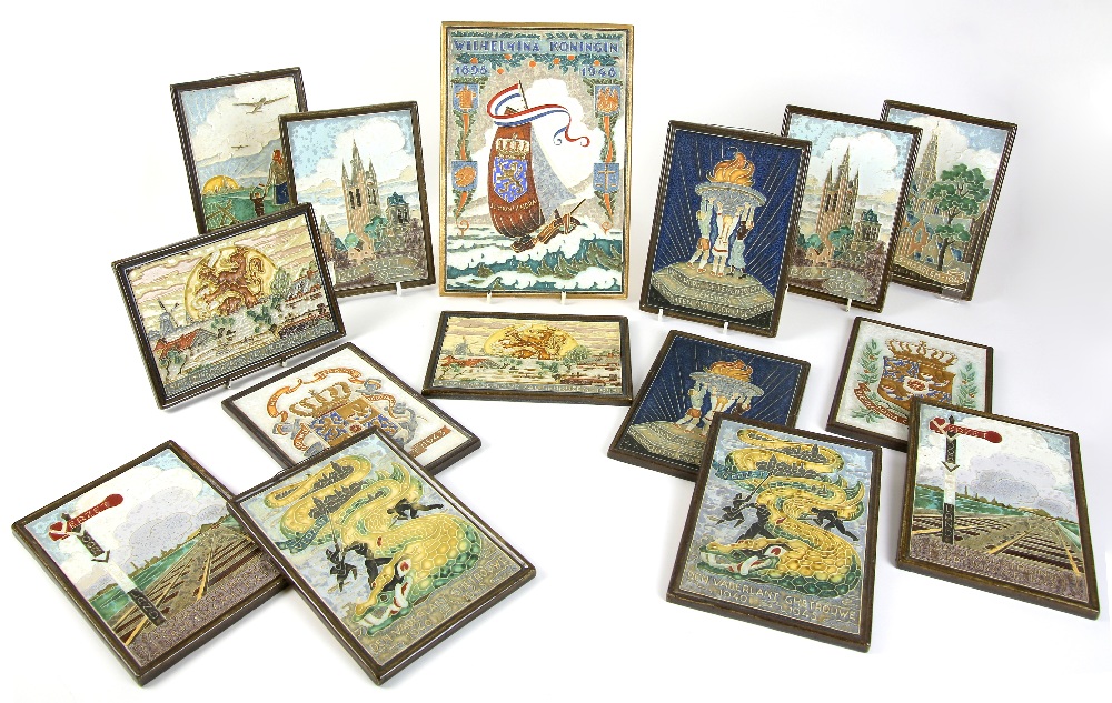 A collection of Delft tiles commemorating acts of resistance in war time Holland, the celebration of