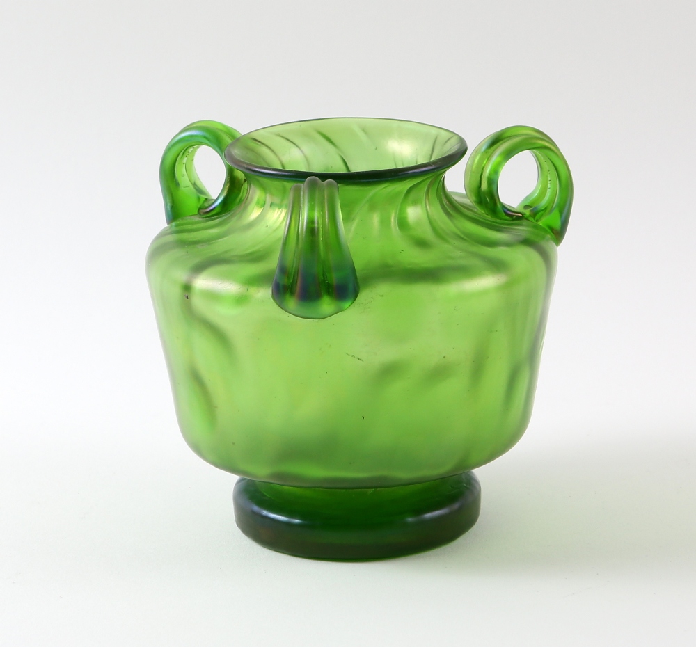 Three Austrian Art glass vases, a green iridescent three handled vase, with flared rim, on footed - Image 3 of 4