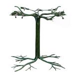 Pedestal table base, wrought metal in naturalistic style table, with green patinated finish,