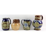 Doulton Lambeth, two Queen Victoria stoneware commemorative jugs including one with green and blue