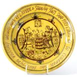 Mary Wondrausch pottery charger, decorated with a scene of a couple having tea and inscribed 'This