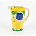 Clarice Cliff Bizarre Sungay pattern octagonal form jug, with bold painted flowers between yellow