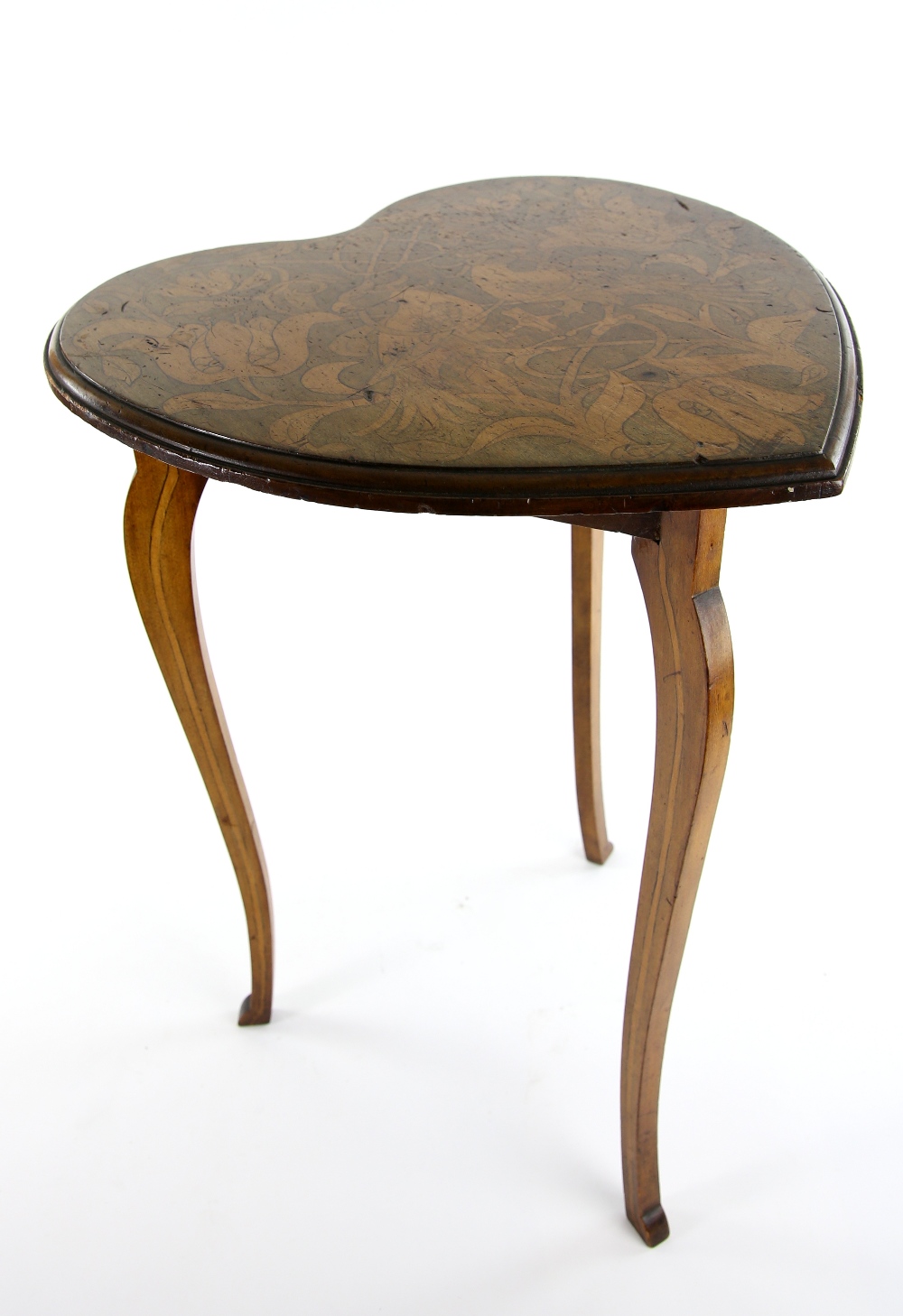 Early 20th C heart top occasional table with pen work decoration of two birds amongst foliage, .