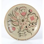 Poole Pottery plate decorated in pink and grey with flowers, large Poole baluster vase designed by