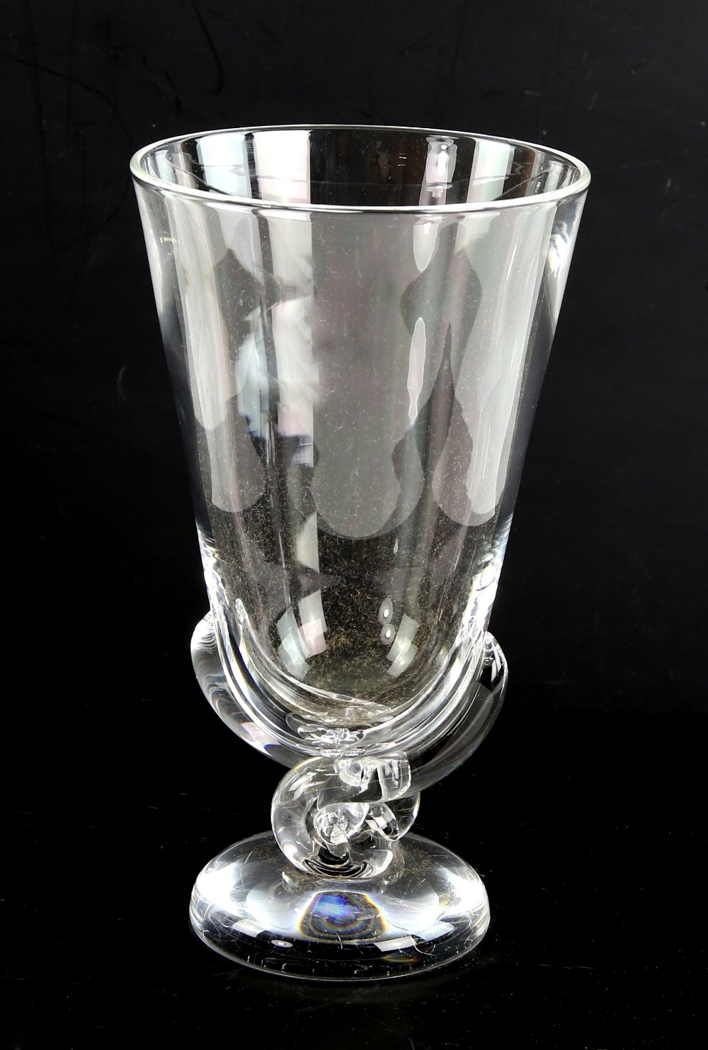 Modern Steuben glass vase on swirl supports and round foot, 23cm high,.