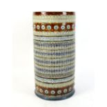 Doulton Lambeth umbrella stand, glazed in blues and browns with bands of floral and geometric