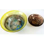 Large handblown glass bowl in yellow, purple and blue with bubble inclusions, probably WMF Ikora ,