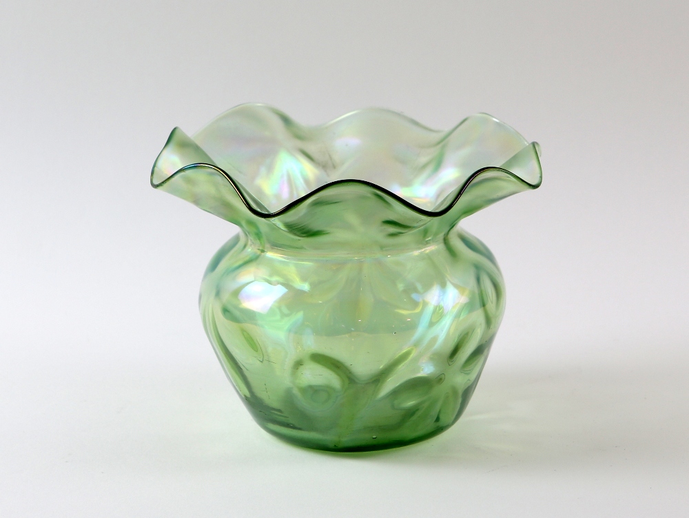 Three Austrian Art glass vases, a green iridescent three handled vase, with flared rim, on footed - Image 2 of 4