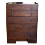 Art Deco walnut bachelor chest, with five drawers, on Odeon style ribbed base, 102 x 76 x 46 cm .