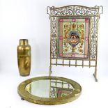 A group of early 20th C brass, a fire screen with painted leaded glass panel depicting children
