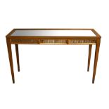 David Linley mirror top table with a single drawer, supported on square tapering legs with perspex