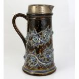 Doulton Lambeth, George Tinworth silver-mounted jug,, tapering form, incised with scrolling