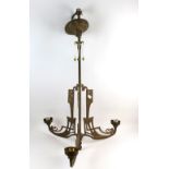 An early 20th C brass standard lamp on three splayed supports, height 116 cm and a ceiling lamp