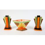 Myott, three Art Deco vases, with bold hand painted decoration, the pair, height 22 cm .