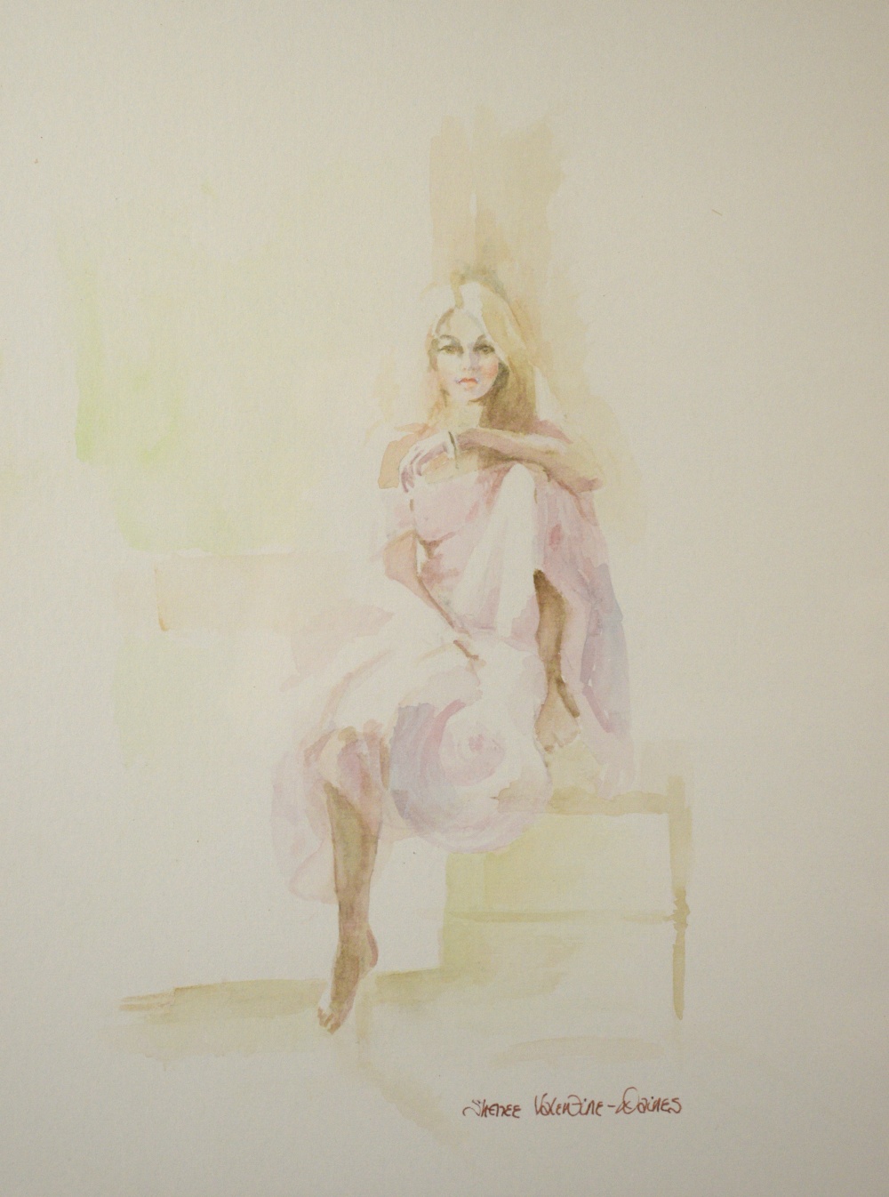 § Sherree Valentine Daines, (British, b.1959) Portrait of a young woman on a chair, watercolour,