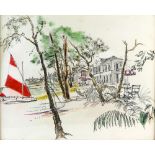 20th century landscape print, unsigned, 34cm x 54cm .