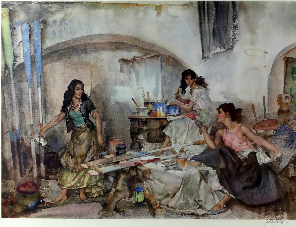 Sir William Russell Flint (British, 1880-1969) 'Painting paddles in a court yard'. Published by