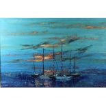 Paul Mann (British, 1907-1994) coastal view depicting boats, oil on canvas 59cm x 60cm.