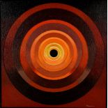 M A Young. Circles in relief, oil on board. Signed M A Young, dated July '77. 60 x 60cm. .