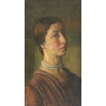 English school, portrait of a lady with a pearl necklace, oil on canvas, signed indistinctly H.