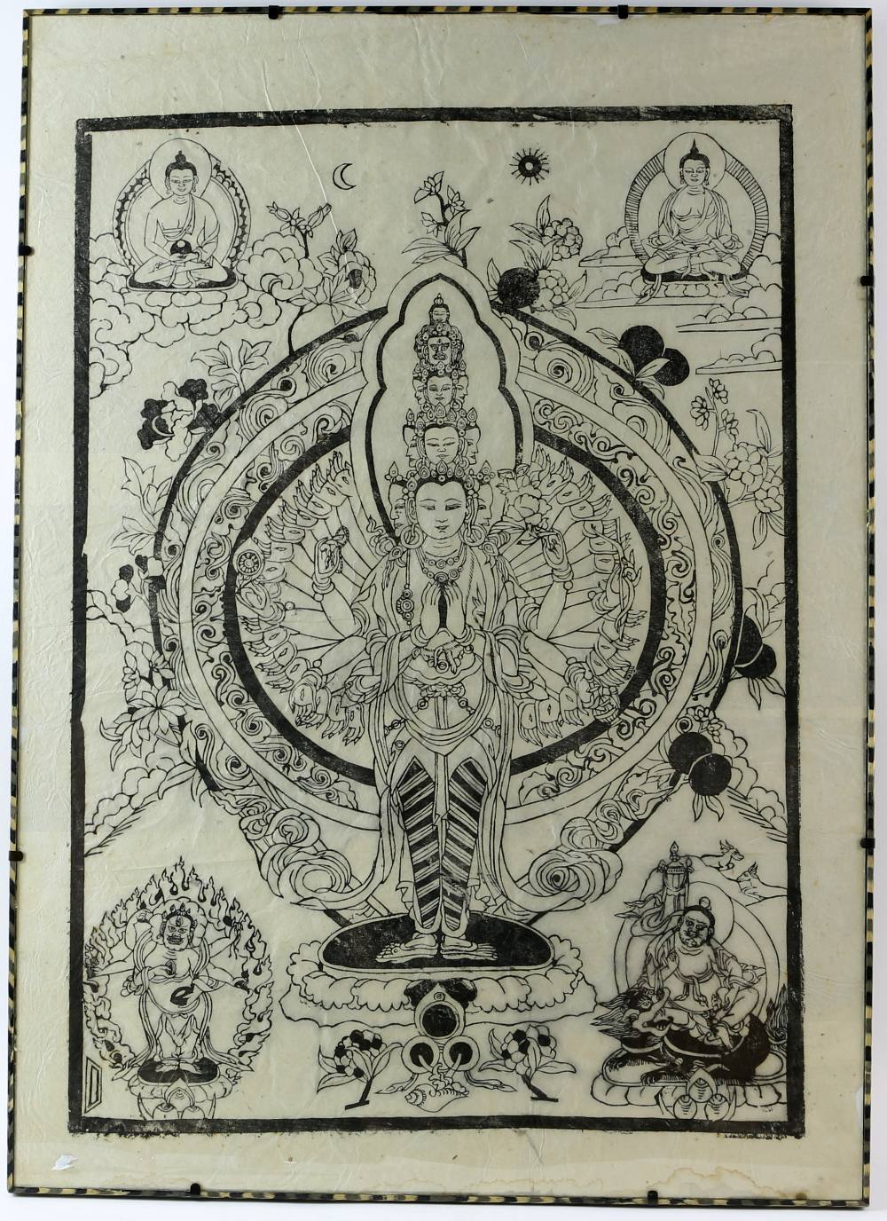 A printed East Asian picture of a Goddess surrounded by sitting meditating Buddhas, 70 x 50 cm .