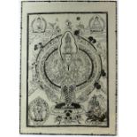 A printed East Asian picture of a Goddess surrounded by sitting meditating Buddhas, 70 x 50 cm .