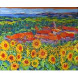 Holt, Italian village with sunflowers in a field, pastel,.
