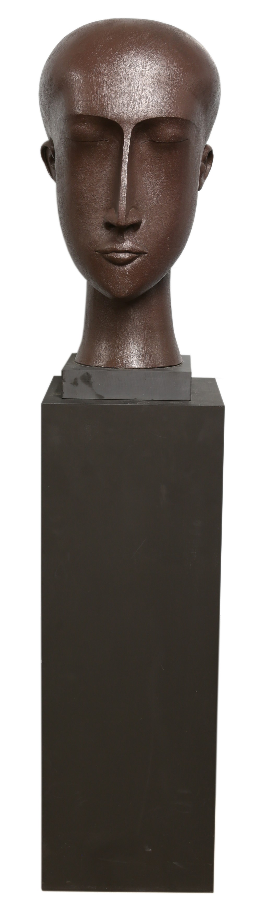 § Patricia Volk, Member of Royal British Society of Sculptors (MRBS) Black Head, stoneware on wooden