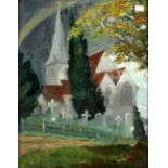 Sir Charles Wheeler PRA, Chaddon Church, oil on board, signed with initials lower right and dated 58