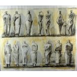 After Henry Moore standing figures bears remains of label King and McGaw to verso 66cm x 81cm .