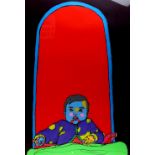 Modern print, young child in colours, within a red and blue outlined arch, signed with initials '