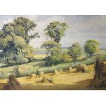 D Gladwell, landscape watercolour with haystacks in the foreground, signed lower right 'D.