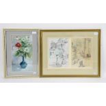 Ernest Greenwood, pencil sketches of Santorini and Delos, and a watercolour still life of flowers in