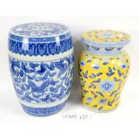 Blue and white ceramic garden stool and another in yellow and blue, a lamp, a pair of lamps .