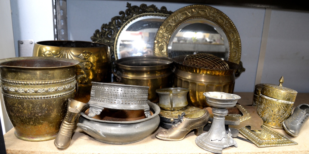 Large collection of metal wares to include chargers, fire irons, various pots, collection of old - Image 3 of 4