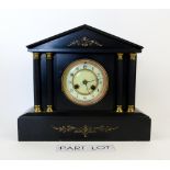 A polished slate mantel clock, a writing slope and other wooden items..