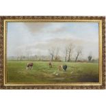 J G Mace, Cattle and ducks in landscape, oil on board, signed lower left and dated '83, 76 cm x 50