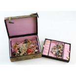 Jewellery box containing costume jewellery, including coral bead necklace, horn panel necklace,
