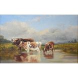 William Vivian Tippet (British, 1833-1910). Cattle watering, oil on canvas, signed, 26cm x 40cm.