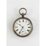 Silver-cased pocket watch, with engine-turned decoration and vacant shield cartouche, 5 cm diam. . .