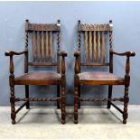 Oak stick stand, two towel rails and a pair of oak armchairs .